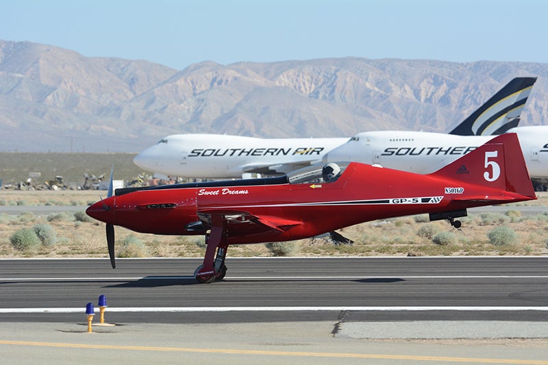 Lee Behl wheels on the GP-5 after his successful—and exciting—3000 meter time-to-climb C-1b record attempt. The C-1b class is for landplanes weighing between 500-1000 kg (1100-2200 lbs).