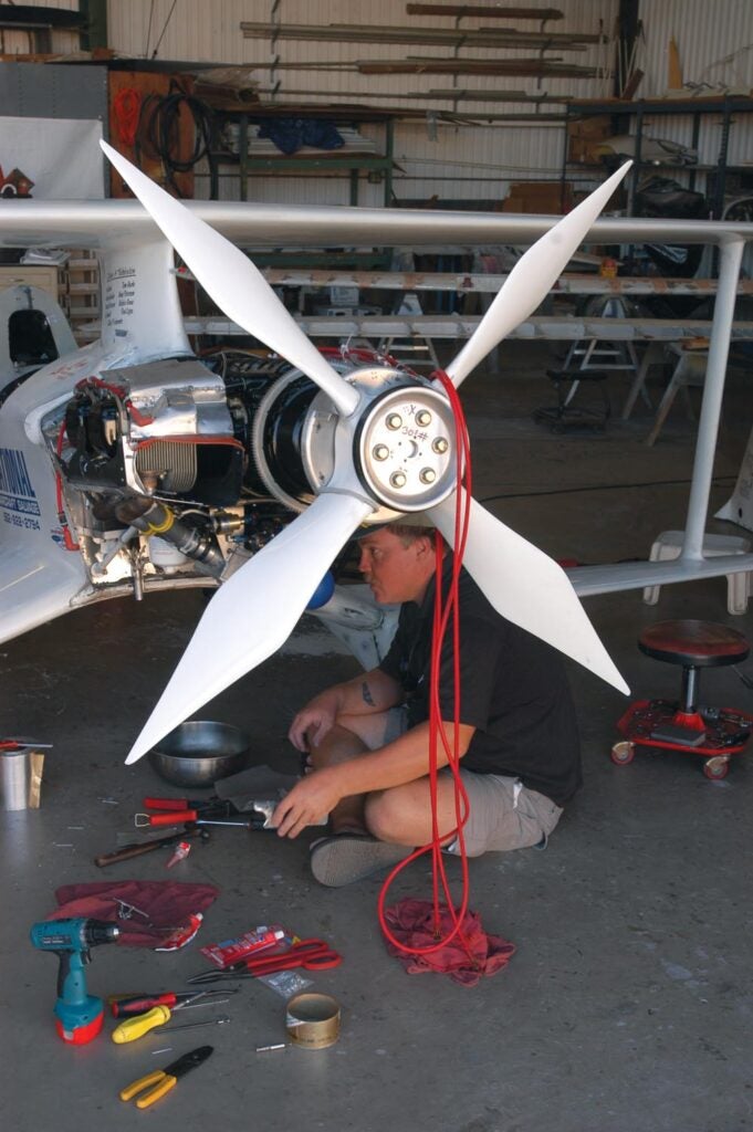 Lipps-designed and Catto-built propellers are a key Phantom advantage. The Lipps philosophy centers on obtaining the lift distribution of an ellipse across the blade diameter; the resulting blades look like Klingon knives but sure run fast. They’re also less draggy; Phantom really takes its time slowing down with the Lipps props. Run with conventional blades, the airplane decelerates much faster. The difference was enough to stop Tom from flying Phantom out of the 2180-foot-long Fallbrook Air Park as it just wouldn’t slow enough. 