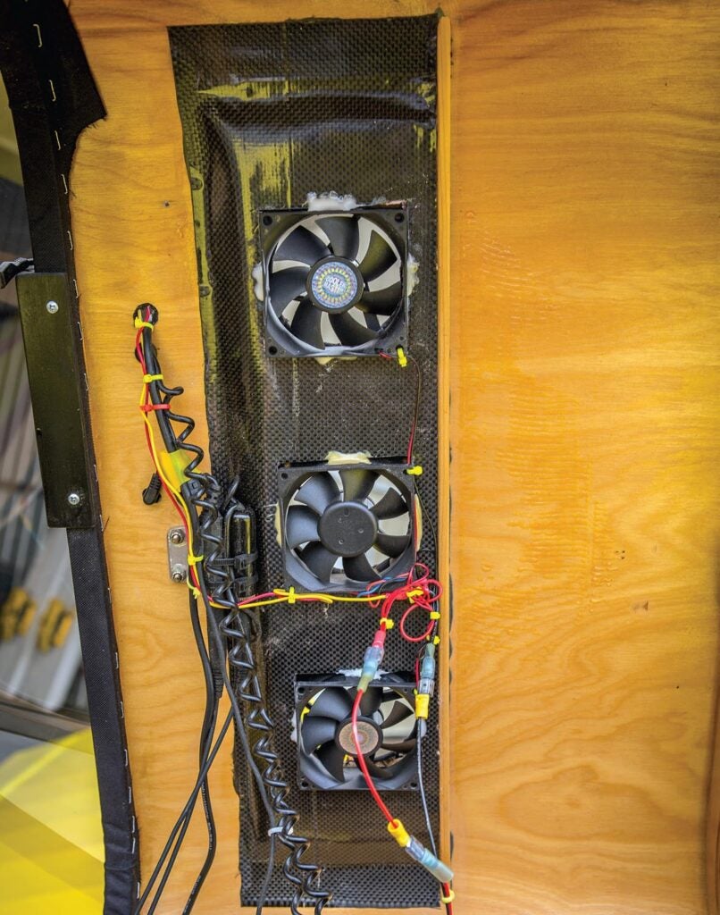 Three computer cooling fans keep the canopy clear, even when the temps fall below zero.