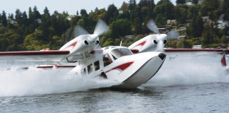 Gweduck amphibian aircraft on a water takeoff run