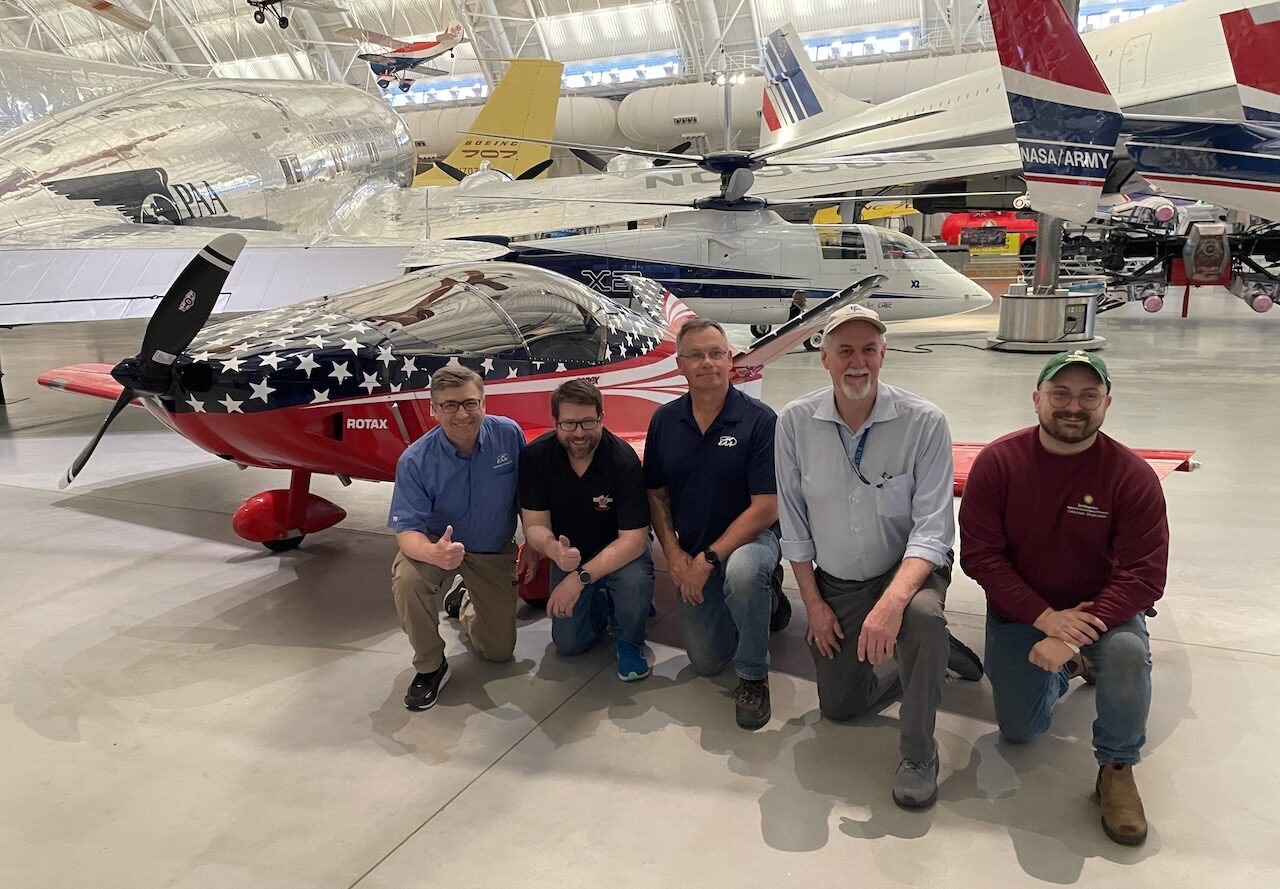 Pictured from left to right: EAA Communities Director Charlie Becker, Sonex Owner & President Mark Schaible, EAA Volunteer Rob Brown, NASM Aeronautics Department Chair Russell Lee, and NASM Collections Processing Specialist Ted Hack.