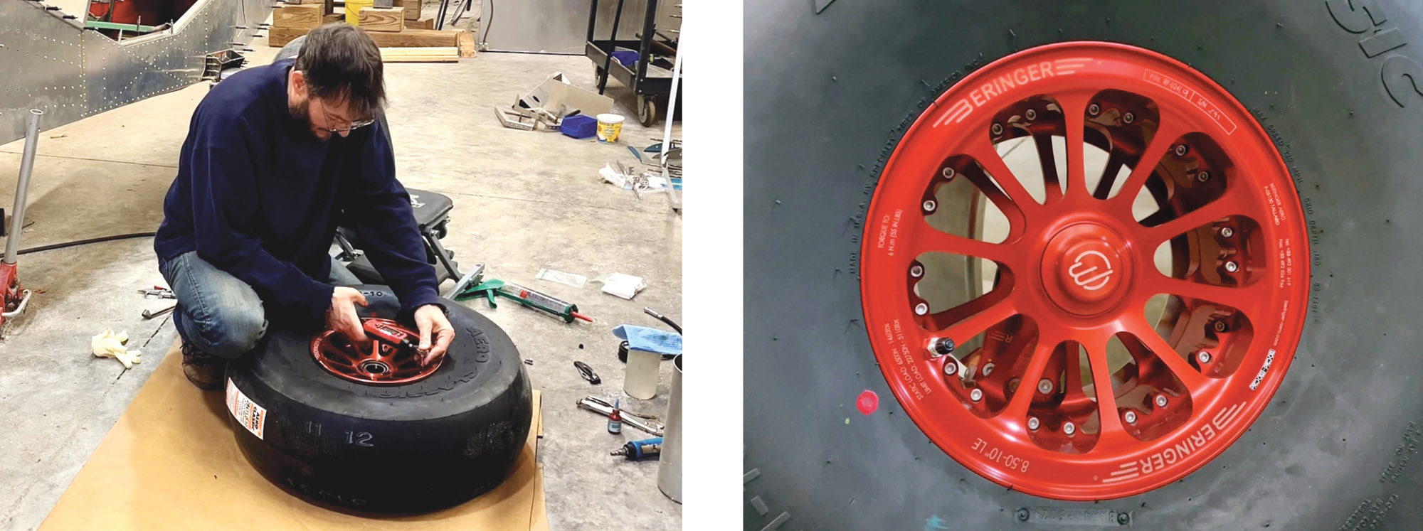 Building the gorgeous Beringer wheel halves. Always check your work with a torque wrench (left). Freshly mocked-up Beringer brake/wheel system with the AeroClassic/Desser smooth tundra 29-inch tire (right).