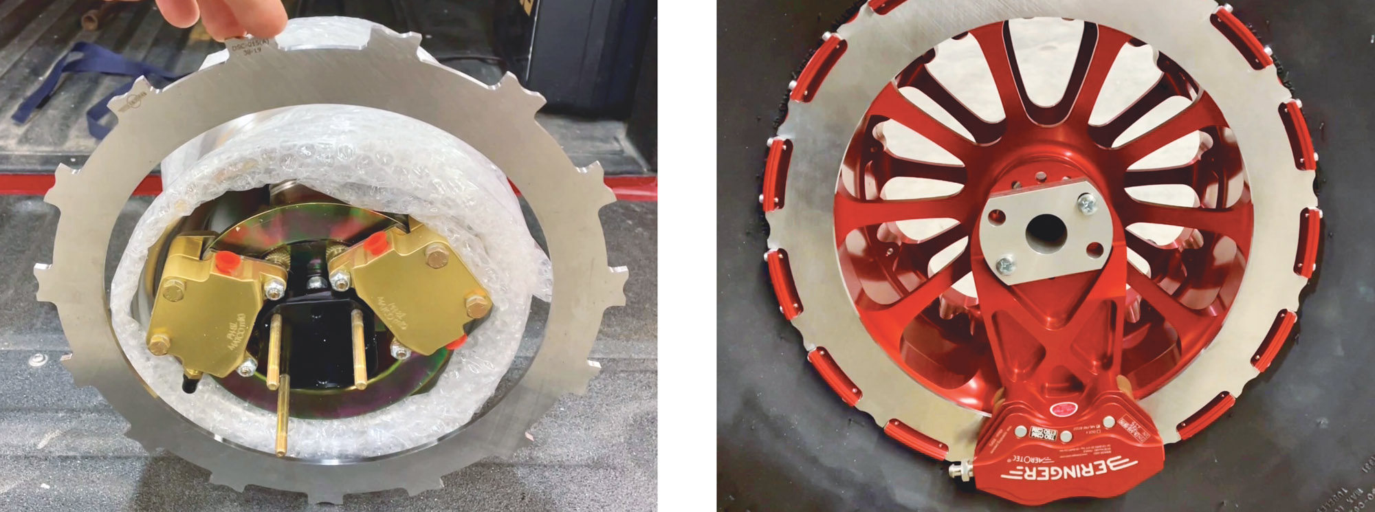 The massive 10-inch Beringer brake disc, which dwarfs the stock caliper and disc (left). Here’s the other side of the mocked-up wheel and brake system (right).