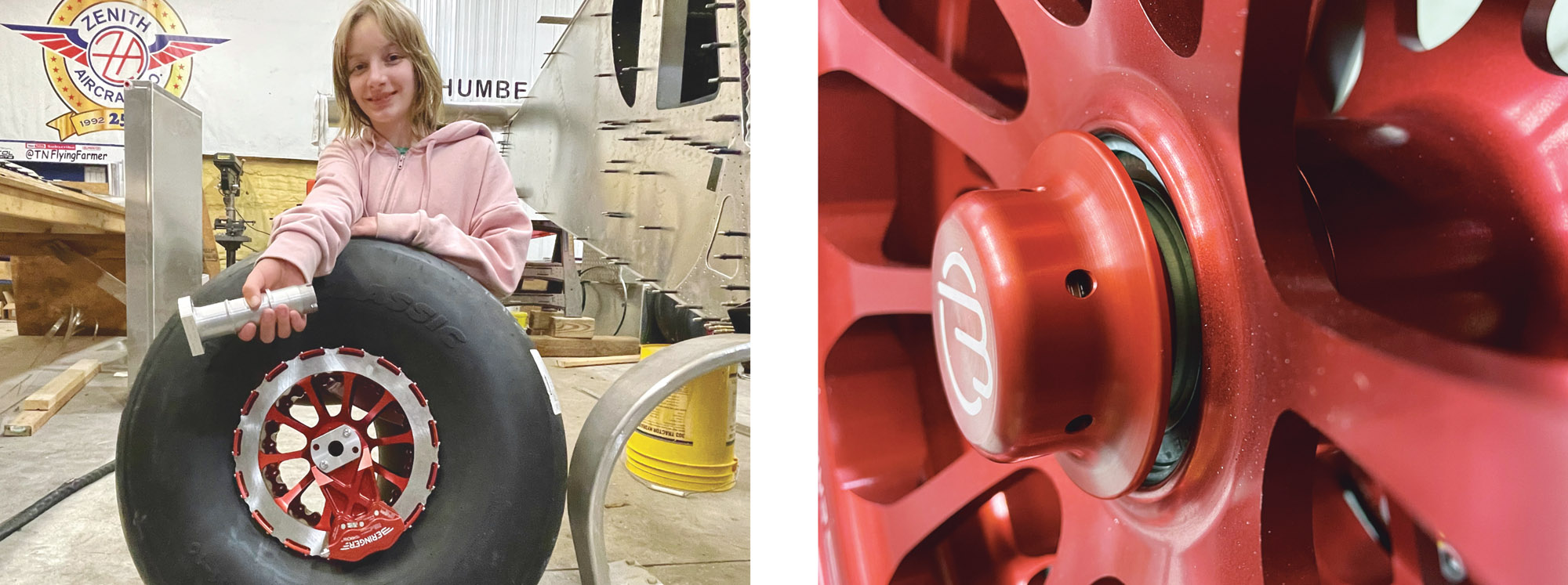 Humberd’s copilot showing the tire, wheel and Beringer axle that will be used for the 750 SDX (left). Some mods require more mods. Here, a custom spacer will take up the space between the wheel and the tightened axle cap (right).