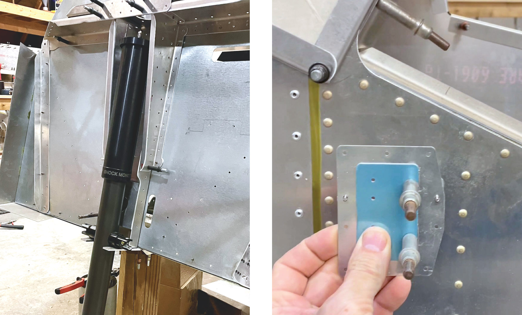 This is the first prototype for the new nose gear shock/strut assembly that will replace the Zenith-standard rubber puck setup (left). Mocking up the location for the new side vent in the fuselage (right).