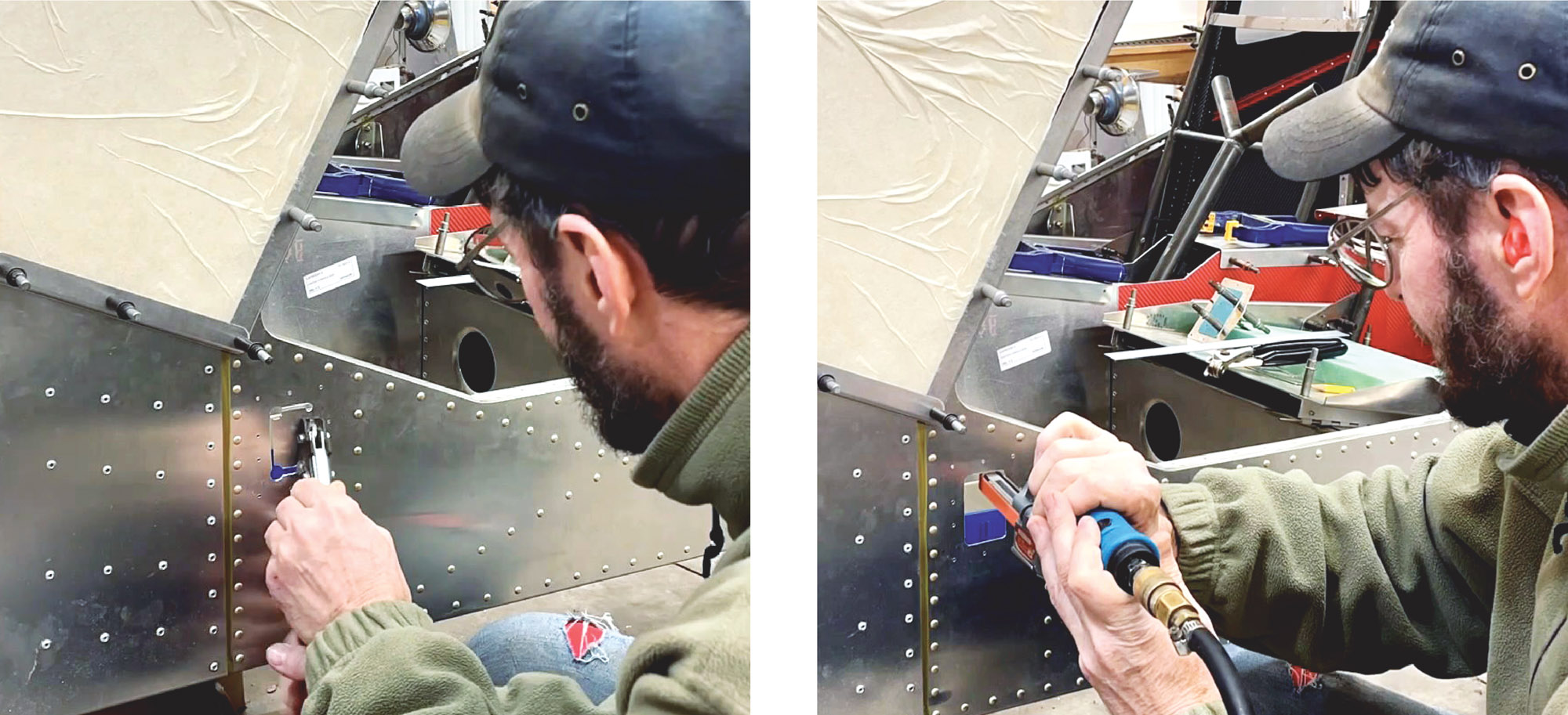 First the cut (left) then the careful trimming (right) in the fuselage side for the new vent. Now we’re committed!