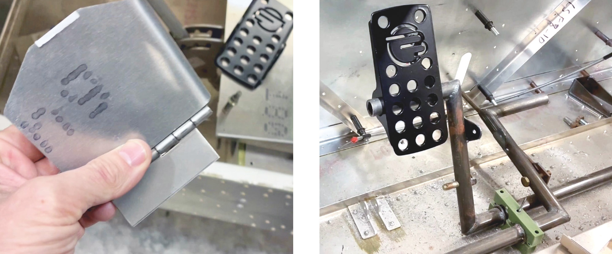 Compare the standard Zenith 750 toe brake pedal and stainless hinge (left) with the Beringer Rudd’Air pedal slid onto the chrome-moly rudder pedal tube (right). The Zenith parts are simple and light while the Beringer piece is simply sexy.