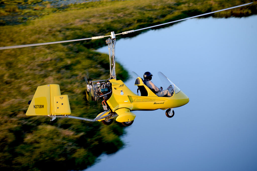 The SilverLight American Ranger AR-1 Gyroplane in the air over Florida.