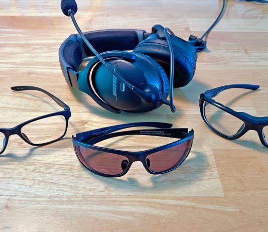 The discomfort of wearing prescription- or sunglasses under an ANR headset is eliminated with Flying Eyes. [Credit: Flying Eyes]