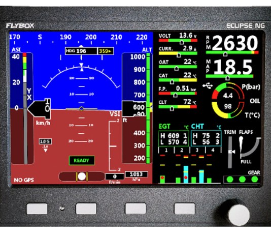The integrated ECLIPSE NG features a very sunlight readable display that shows the engine and all flight data organized in one or more pages. [Credit: Fielden Aero LLC]