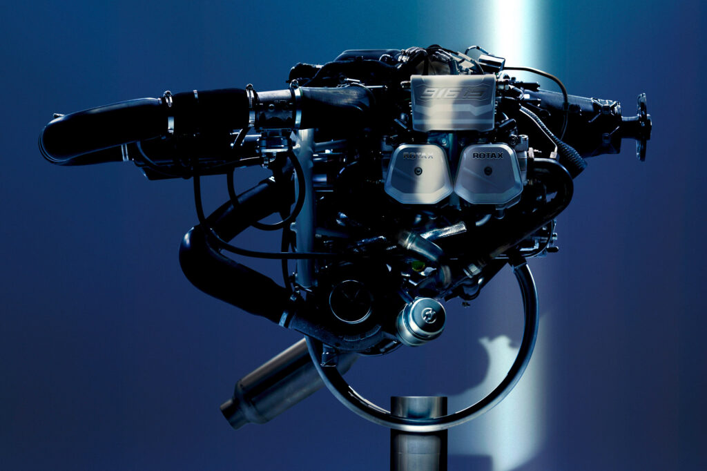 The 160 hp turbocharged Rotax 916iS is a four-stroke piston engine with redundant electronic fuel injection and ignition. [Credit: BPR Rotax]